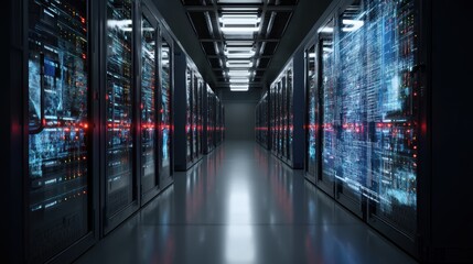Fototapeta premium High-tech data center with glowing servers and digital network connections.