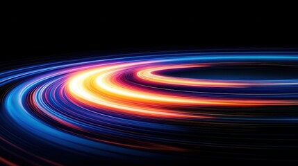 Vibrant swirling light patterns create dynamic motion against a dark background