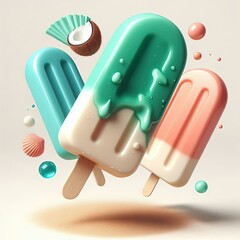 Obraz premium Tropical fruity popsicle melting on clean white background. Glossy, refreshing, and perfect for summer mockups, ads, or design overlays.
