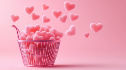 A pink wire basket overflows with textured, heart-shaped objects, with more hearts floating around it against a matching pink backdrop