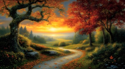 Picturesque Autumn Landscape with Vibrant Red Trees and Scenic Views