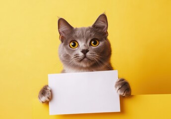 Adorable gray cat holding a blank white sign on a vibrant yellow background, ideal for pet promotions, humorous ads, greeting cards, and customizable messages