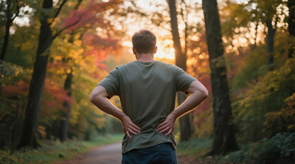 Men supporting their backs with both hands outdoors represent the concepts of waist health, outdoor health care, and body warning, and are used for health promotion.