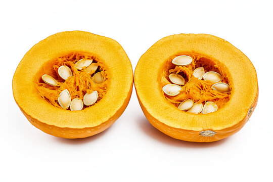 A close-up of a sliced pumpkin arranged in the middle, isolated on a white background