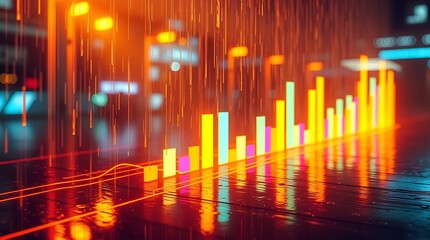 Illuminating Growth: Vibrant bars of financial data rise amidst a dynamic cityscape, evoking a sense of progress and opportunity. 