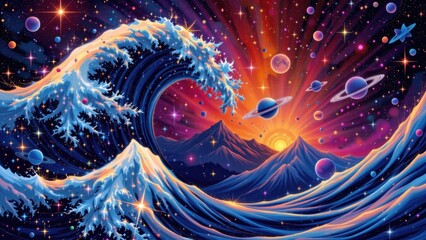 Celestial Wave A cosmic wave flowing with colors of the galaxy, incorporating stars and planets along its twisting form.