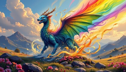 Obraz premium Fantastical Creature A mythical creature made of swirling colors and shapes, emerging from a rainbow mist in a vibrant landscape.