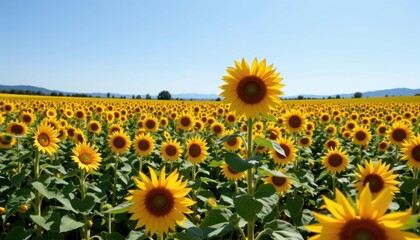 Obraz premium Sunflower Field A sprawling field of sunflowers bathed in bright sunlight, with a clear blue sky above.