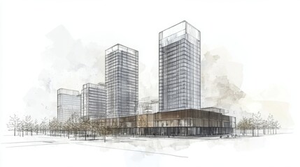 Architectural sketch of modern skyscrapers and urban landscape.