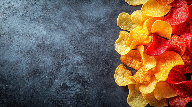 A vibrant pile of colorful potato chips in various natural shades symbolizes diversity, creativity, and the fusion of tradition with modern organic vegetable-based snacking innovation.

