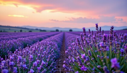 Fototapeta premium Lavender Fields A dreamy field of lavender flowers stretching towards the horizon, blending into soft, hazy colors of the sky.