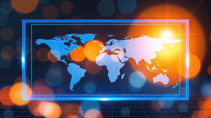 A digital world map displayed on a glowing, futuristic interface.