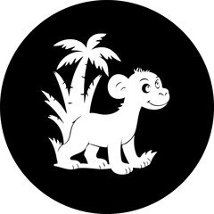 Monochrome image of a cartoon lion cub near a palm tree in a circle