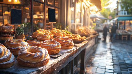 Artisan pastries and breads displayed at a charming bakery. Golden sunlight fills a cobblestone street. Golden Hour Bakery Delights Warm Breads and Pastries on Display in a Charming Cobblestone Street