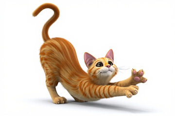3D Cartoon Cat Stretching on White Background