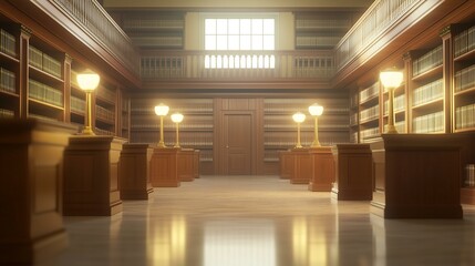 A tranquil library interior filled with shelves and soft lighting.