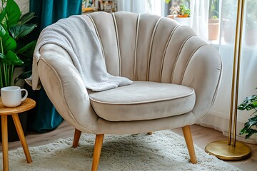 Comfortable Shell Chair in cozy Room: A stylish, shell-shaped chair with a soft blanket invites relaxation and comfort in a bright, well-lit room, creating a scene of peace and tranquility.