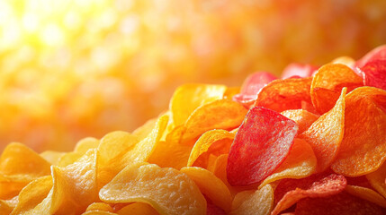 A vibrant pile of colorful potato chips in various natural shades symbolizes diversity, creativity, and the fusion of tradition with modern organic vegetable-based snacking innovation.


