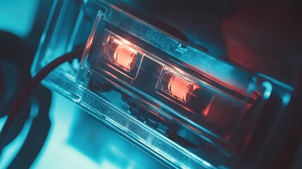 Obraz premium Retro Cassette Tape in Neon Light: A Close-Up View of a Transparent Cassette Tape Illuminated by Vibrant Neon Colors, Evoking a Sense of Nostalgia and Retro Aesthetics.