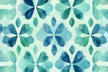 A repeating pattern of stylized floral motifs in shades of teal and turquoise watercolor.