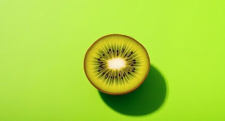 A minimalist composition featuring a halved kiwi fruit isolated on a green background