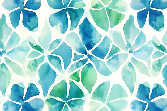 A vibrant watercolor pattern of abstract teal and mint green floral shapes.