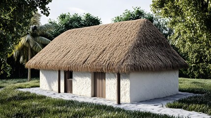 Thatched Roof Rural House Surrounded by Lush Greenery and Trees