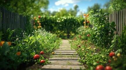Obraz premium Walking Path Through Lush Garden with Vegetables and Flowers in Summer