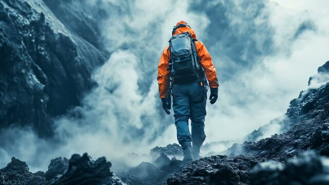 An Adventurer explores a volcanic landscape of swirling smoke and thick ash, creating an atmospheric experience