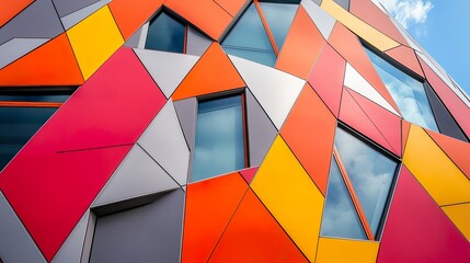 A dynamic modern building facade showcases an angular geometric pattern of colorful panels in red, orange, yellow, and grey, creating a striking abstract architectural design.