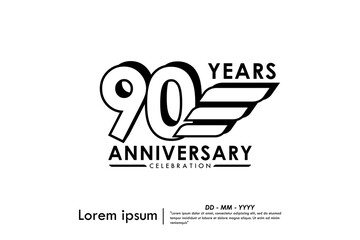 90th years anniversary celebration emblem. black anniversary logo isolated with ribbons on white background. vector illustration template design for web, flyers, poster, greeting card