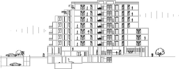 silhouette design vector illustration sketch drawing architecture construction The facades of the building hotel apartment with classic vintage ethnic modern minimalist style