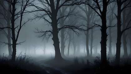 Obraz premium Mysterious forest shrouded in dense fog with bare trees creating a haunting scene.