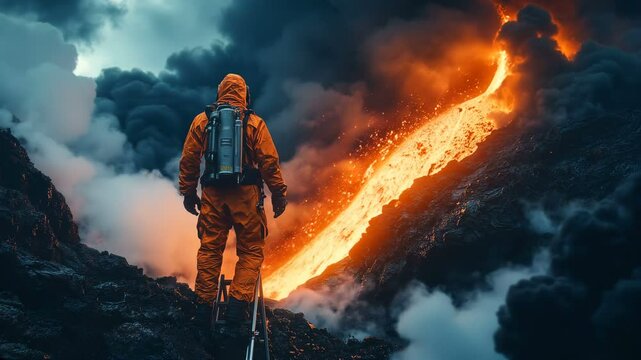 A Dramatic and Explosive Volcanic Eruption An Adventurer in Protective Gear Witnessing the Lava Flow