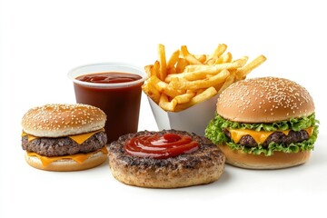 Eating Burgers and Fries Meal with Drink on Isolated Background
