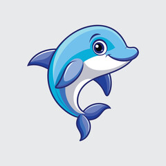 Fototapeta premium Cute cartoon dolphin, a blue marine mammal, swimming and jumping isolated on white