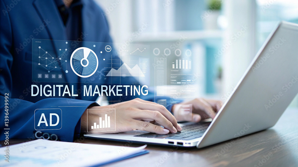 Poster person in blue suit using laptop with digital marketing graphics overlayed on the screen view