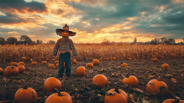 Scarecrow pumpkin field sunset
