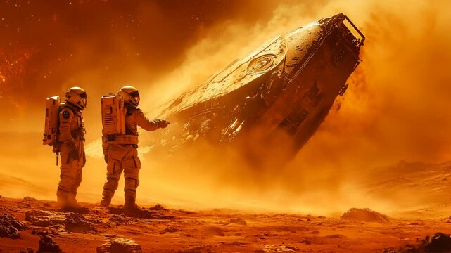 Embarking on a thrilling journey through an Alien Landscape Astronauts encounter a Mysterious Spacecraft