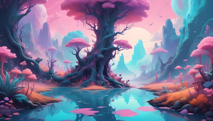 An ethereal, pastel-colored landscape featuring a serene body of water and fantastical trees.