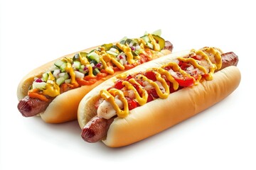 Eating Hot Dogs with Toppings Mustard and Vegetables on a White Background