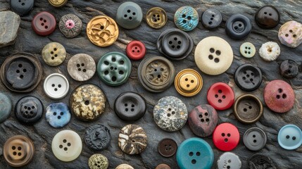 Obraz premium Many colorful and diverse buttons are scattered on a textured neutral surface.
