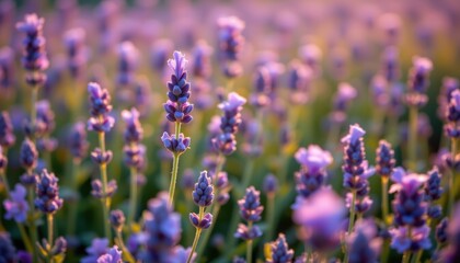 Fototapeta premium Lavender Field at Dawn A close up of lavender flowers bathed in morning light, with soft dew drops glistening on the petals.