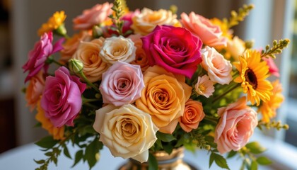 Golden Hour Bouquet A floral arrangement in warm colors, illuminated by the soft glow of the golden hour, enhancing the beauty of each bloom.