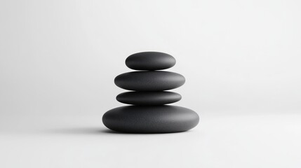 Stacked Black Stones Minimalist Zen Style High-Resolution Smooth Lighting Center Composition Perfect Balance Serene Contemplation White Background Dark Gray Mood Wellness Website Design