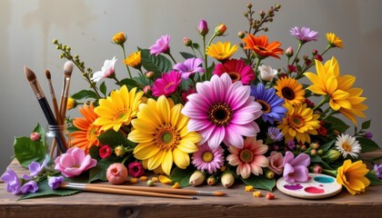 Fototapeta premium Nature's Palette A still life featuring an array of flowers arranged artfully next to paintbrushes and a palette, blending art with nature.
