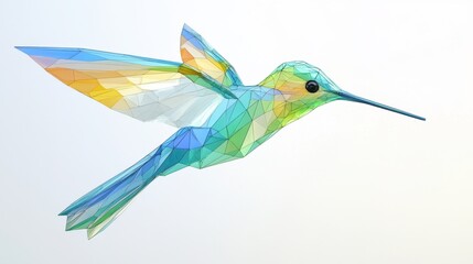 A vibrant, geometric hummingbird with translucent, polygonal wings in shades of teal, green, and gold, captured in mid-flight against a soft white background