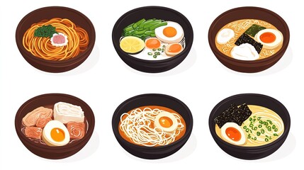A variety of Japanese noodle dishes, including soba, udon, and ramen.