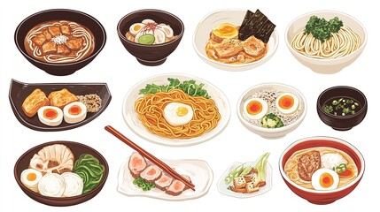 A variety of Japanese noodle dishes, including soba, udon, and ramen.