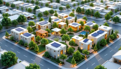 Eco Friendly Suburban Housing Development with Solar Panels Modern Residential Area